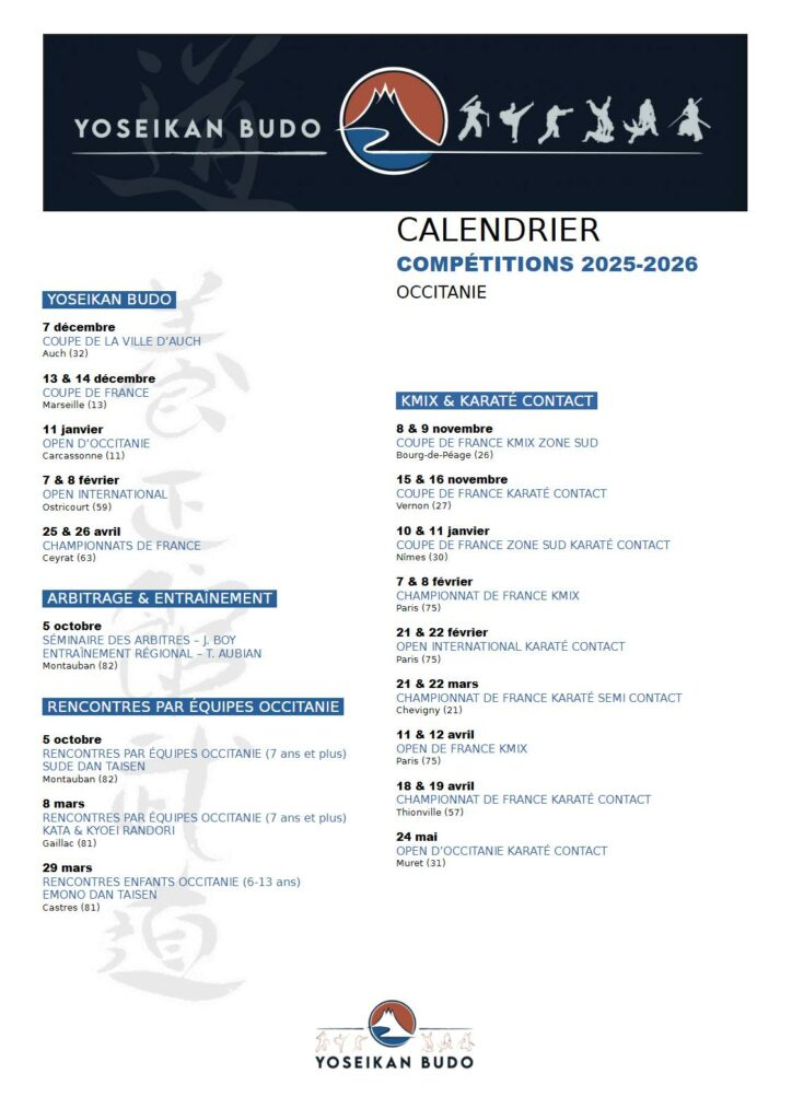 Yoseikan Budo - Occitanie - Calendrier 2025-2026 - Compétition